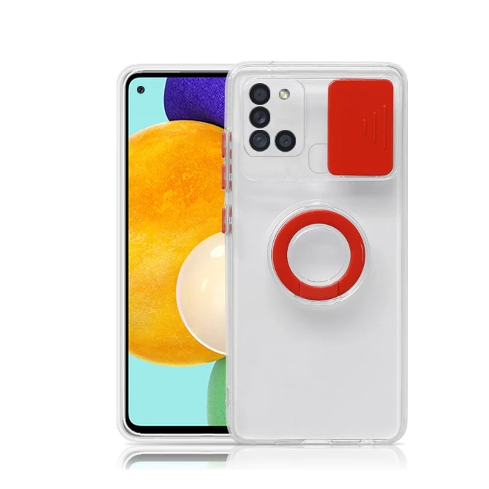 SM Galaxy A21S (SM-A217) Kılıf Sürgülü Kamera Lens Korumalı Yüzük Standlı Silikon Kılıf - Yeşil