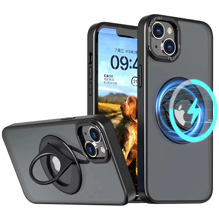 Ally iPhone 14 Plus İçin Magsafe Uyumlu Yüzük Standlı Manyetik Silikon Kılıf - Siyah