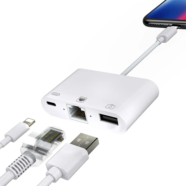 İPhone/İPad 3İN1 Ethernet RJ45 Ve Usb Kamera Adaptörü NK107 - Beyaz