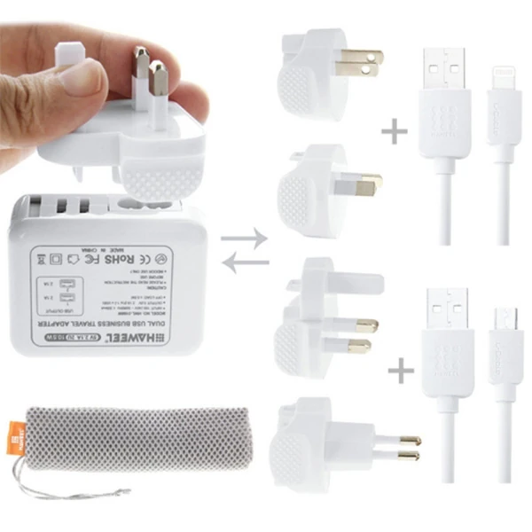 Haweel Universal Seyahat Şarj Adaptör İPhone Ve 1 Mikro Usb Şarj Kablosu Set - Beyaz