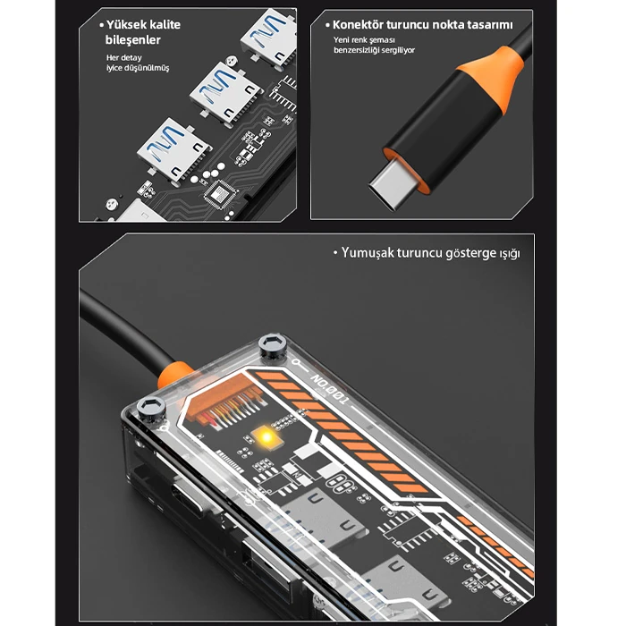 Ally 5in1 Type-c To USB3.0 + USB2.0 + Type-c PD 100W + Hdmı + Ethernet Çoğaltıcı Transparan Hub - Şeffaf 2