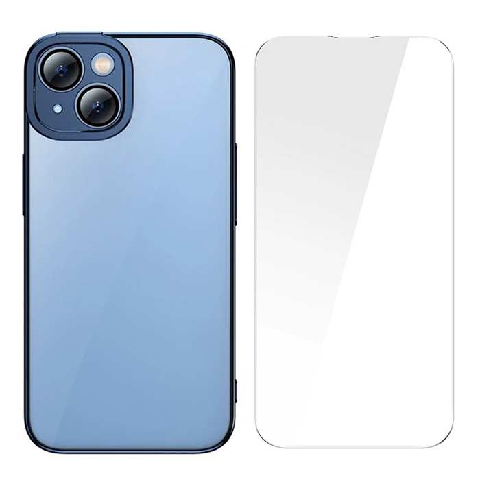 Baseus Glitter iPhone 14 6.1 Renkli Kenar Silikon Kılıf + Tempered Ekran Koruyucu Set - Siyah