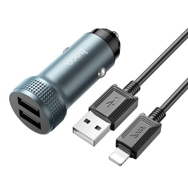 Hoco Z49 Çift USB Girişli Araç Şarj Başlık + USB To iPhone Lightning Kablo - Siyah