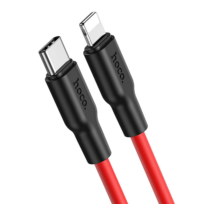 Hoco X21 Plus PD 20W Type-C to iPhone Lightning Silikon Hızlı Şarj ve Data Kablosu - Siyah-Kırmızı