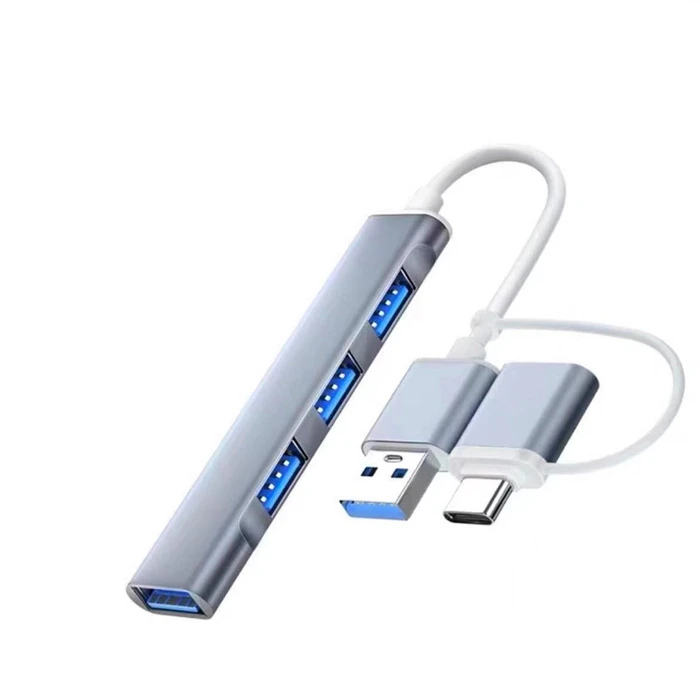 Ally A-806 4in1 Type-C + USB Girişli USB 3.0 Çoğaltıcı Hub Adaptör Çevirici - Gri