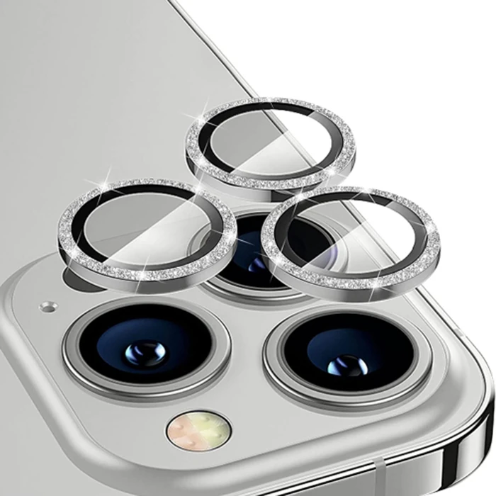 Ally iPhone 14 Pro-14 Pro Max Diamond Taş İşlemeli Alüminyum Alaşımlı Kamera Lens Koruyucu - Gold