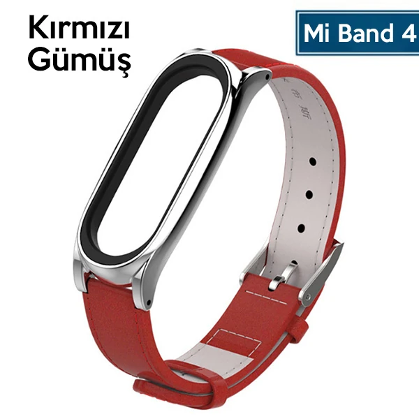 Mijobs Xiaomi Mi Band 5-4 Pu Deri Kayış Kordon - Kırmızı-Gümüş