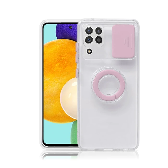 SM Galaxy A12 - M12 - F12 Kılıf Sürgülü Kamera Lens Korumalı Yüzük Standlı Silikon Kılıf - Kırmızı
