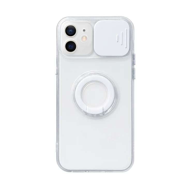 Ally iPhone 11 6.1inç Kılıf Sürgülü Kamera Lens Korumalı Yüzük Standlı Silikon Kılıf - Beyaz