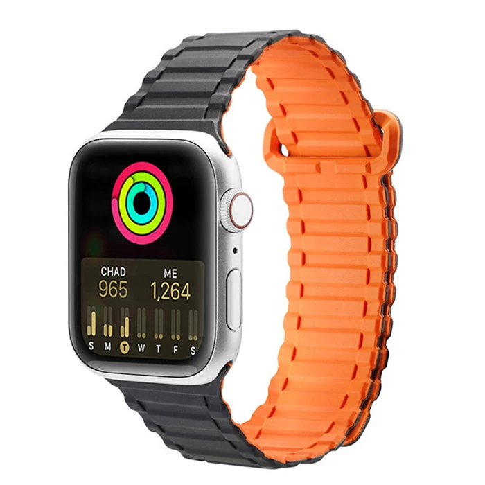 Dux Ducis Apple Watch 42/44/45MM için Manyetik Armor Silikon Kordon Kayış - Siyah-Turuncu