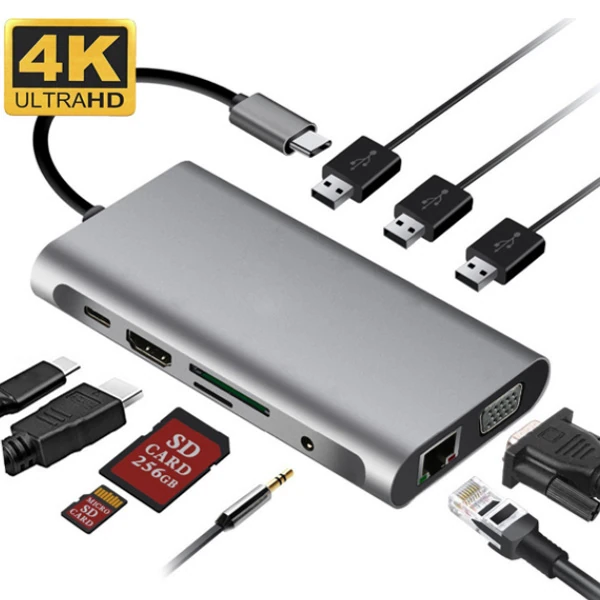 Ally 10 İN 1 Hdmı VGA RJ45 PD USB 3.0 HUB Adaptör Çoklayıcı - Gri
