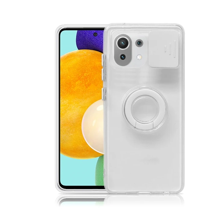 Xiaomi Mi 11 Lite Kılıf Sürgülü Kamera Lens Korumalı Yüzük Standlı Silikon Kılıf - Beyaz