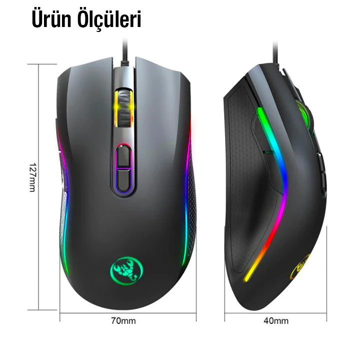 Hxsj A869 7200DPI Ayarlanabilir RGB Işık Gaming Oyuncu Mouse - Siyah