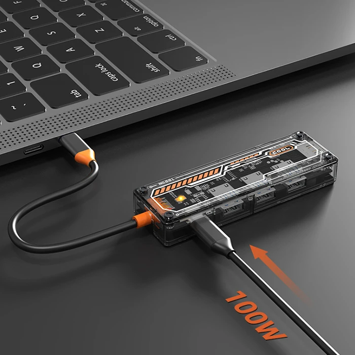 Ally 6in1 Type-c To USB3.0 + USB2.0 + Type-c PD 100W + Hdmı + VGA + 3.5mm Çoğaltıc Transparanı Hub - Şeffaf 2