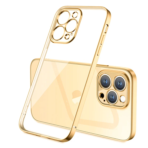 iPhone 13 Pro Max Renkli Kenar Şeffaf Kılıf Kamera Korumalı Silikon Kılıf - Gold