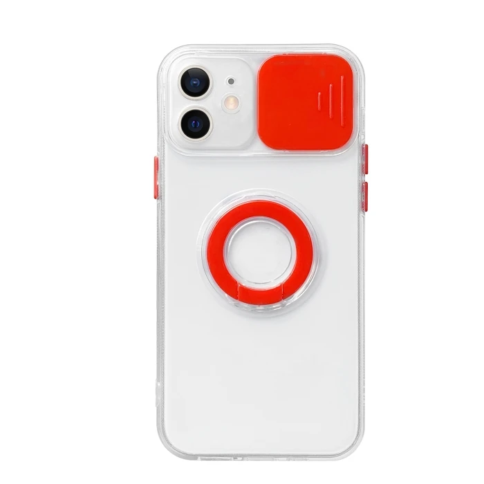 Ally iPhone 12 Mini 5.4inç Kılıf Sürgülü Kamera Lens Korumalı Yüzük Standlı Silikon Kılıf - Kırmızı
