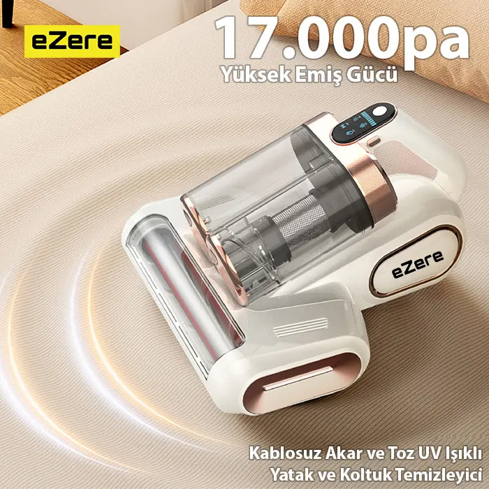 Ezere DustAway 17000Pa Güçlü Kablosuz Akar ve Toz UV Işıklı Yatak ve Koltuk Temizleyici - Beyaz