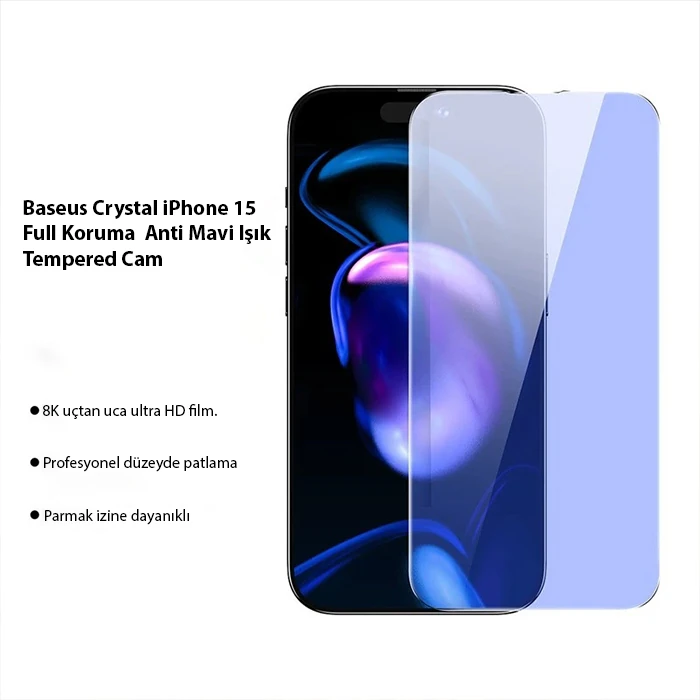 Baseus Crystal iPhone 15 Full Koruma Anti Mavi Işık Tempered Cam Ekran Koruyucu 2 Adet Set - Şeffaf 2