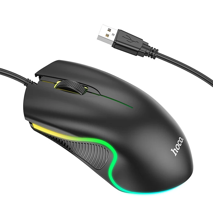 Hoco GM19 RGB LED Işıklı Gamer Oyuncu Kablolu Optik Mouse - Siyah