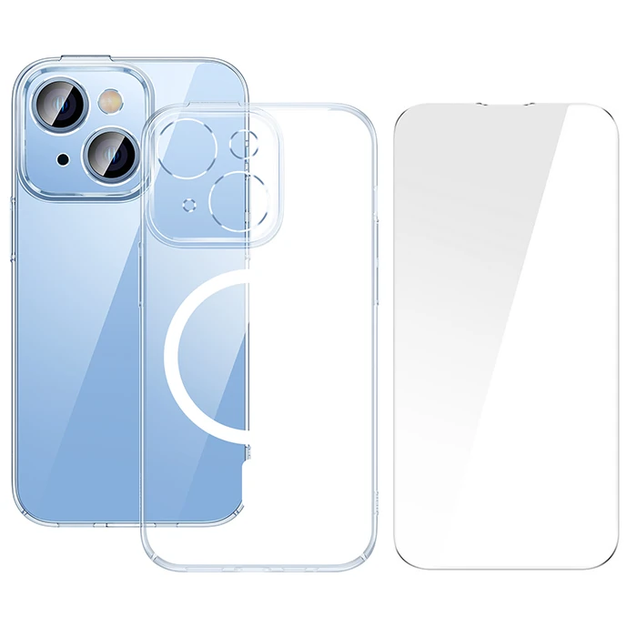 Baseus Crystal iPhone 14 Plus 6.7 Magsafe Silikon Kılıf + Tempered Ekran Koruyucu Set - Şeffaf 2