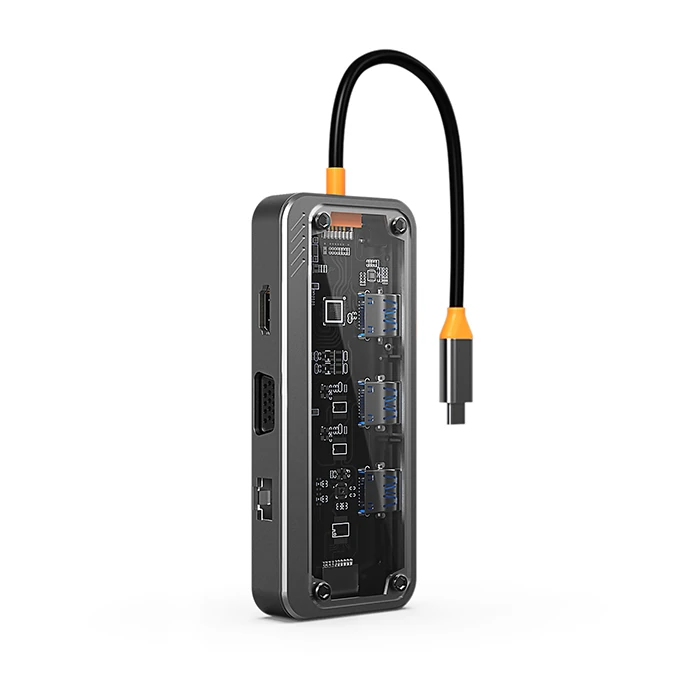 Ally SW1V-PRO Type-c To USB3.0 3adet+ 3.5mm+ Hdmı+ VGA+ SD + TF + Ethernet Çoğaltıcı Transparan Hub - Şeffaf 2