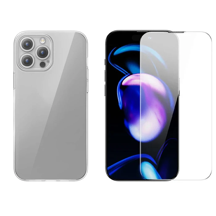 Baseus iPhone 15 Pro Schott Serisi Şeffaf Silikon Kılıf + Tempered Ekran Koruyucu Set - Şeffaf 2