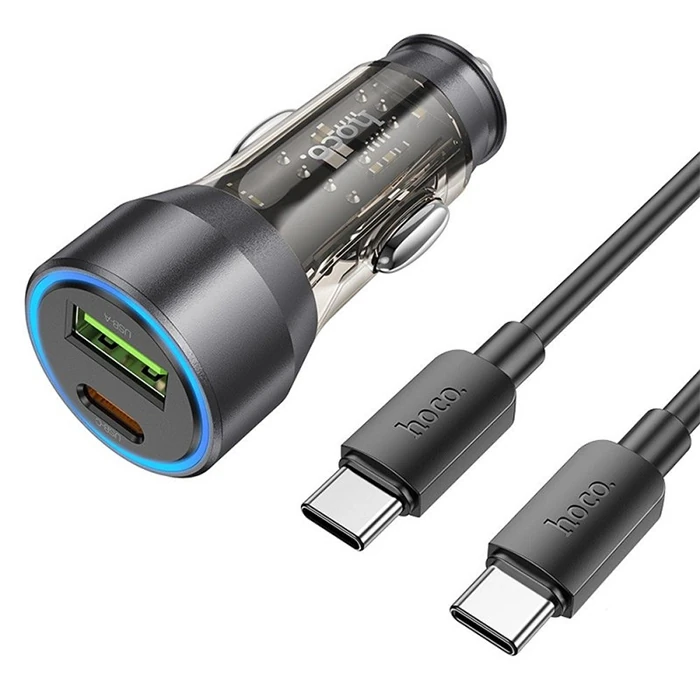 Hoco NZ12A Action PD43W USB + Type-C Araç Çakmaklık Hızlı Şarj Aleti + Type-C to Type-C Kablo - Siyah