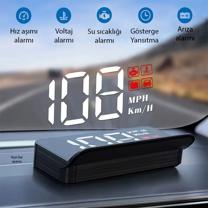 Ally M3 HUD OBD2 Head-Up Display Dijital Hız Göstergesi E-OBD ve GPS Destekli OBD Arayüzlü - Alarmlı Ön Cam Ekran Projektör - Siyah