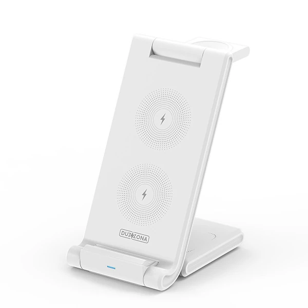 Duzzona 15W Katlanır 3 in 1 Telefon Kulaklık Saat Kablosuz Şarj Standı - Beyaz
