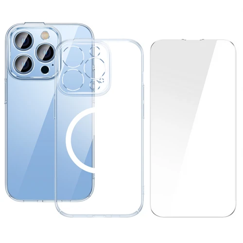 Baseus iPhone 15 Pro Max Crystal Serisi Manyetik Magsafe Silikon Kılıf + Tempered Ekran Koruyucu Set - Şeffaf 2