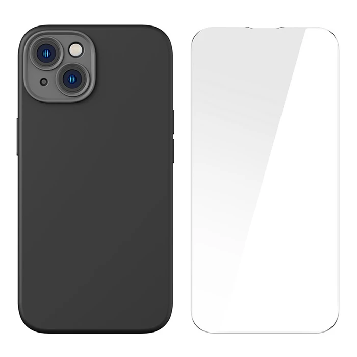 Baseus Liquid Silica Gel iPhone 14 Plus 6.7 Magsafe Silikon Kılıf + Tempered Ekran Koruyucu Set - Siyah