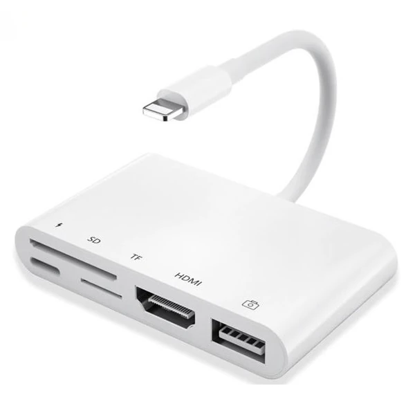 Ally 5in1 Lightning Hdmı Dijital Av Adaptör+ Otg USB Hub Kamera TF SD Okuyucu - Beyaz
