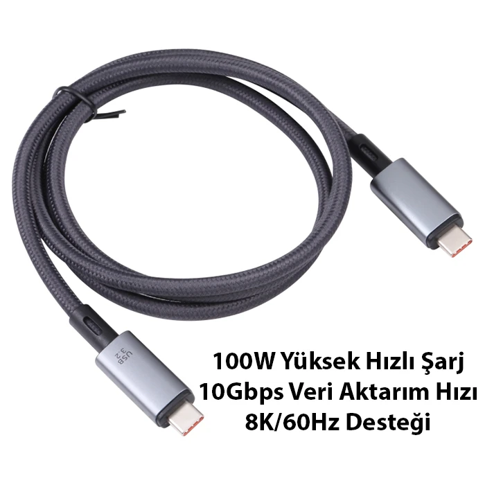 Ally USB 3.2 100W Type-C to Type-C 8K Görüntü-Data ve Ultra Hızlı Şarj Kablosu 1 Metre - Siyah