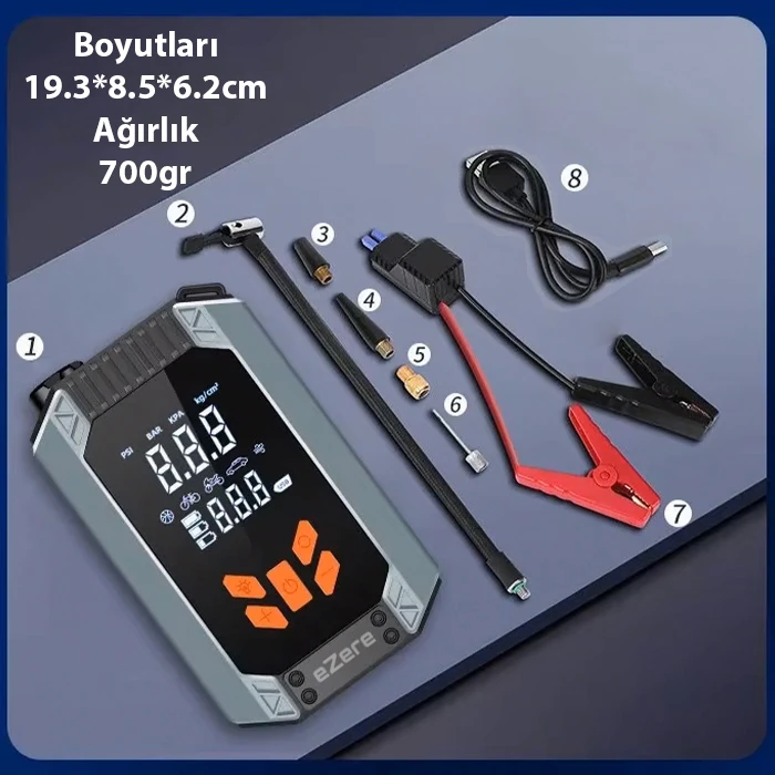 Ezere ST-9632D Taşınabilir Araç Lastik Şişirme Ve Starter Akü Takviye Seti - Siyah
