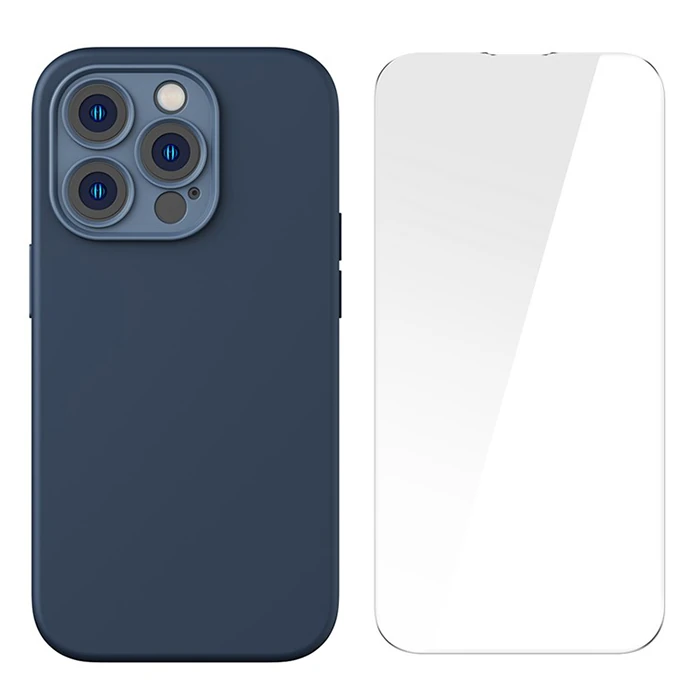 Baseus Liquid Silica Gel iPhone 14 Pro 6.1 Magsafe Silikon Kılıf + Tempered Ekran Koruyucu Set - Mavi