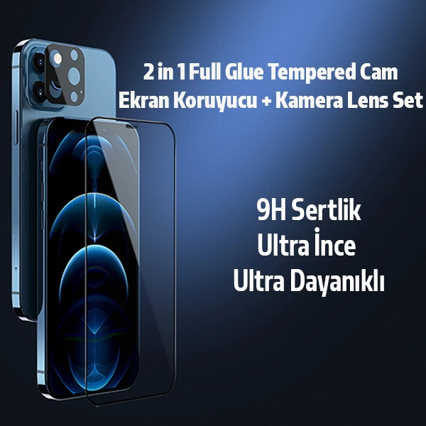İPhone 12 Pro Max 2İN1 Full Glue Tempered Cam Ekran Koruyucu +Kamera Lens Set - Siyah