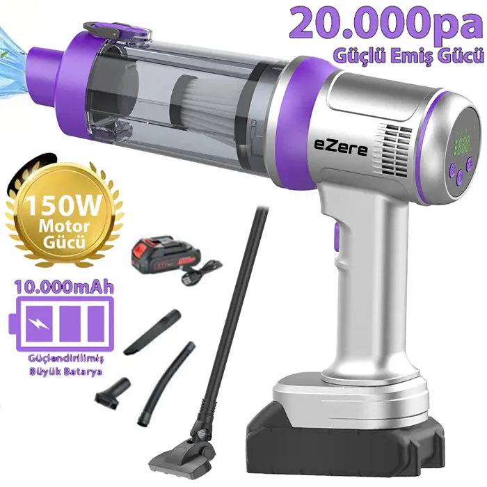 Ezere Powerstorm Kablosuz El Süpürgesi 20000Pa Çekim Gücü 3 Kademeli Hepa Filtre 21V 2.0Ah Batarya - Gri