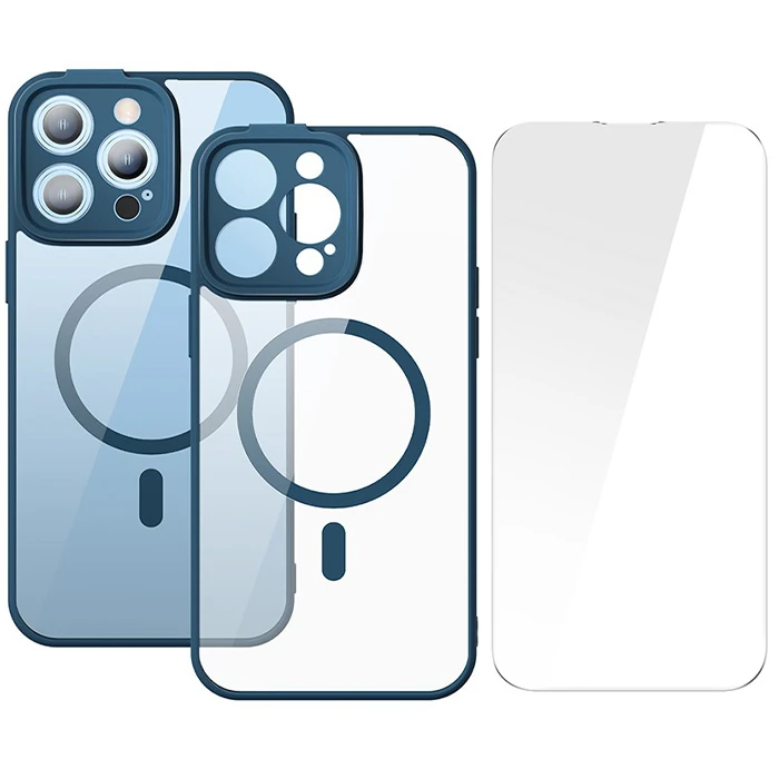 Baseus Frame Series iPhone 14 Pro Max 6.7 Kamera Koruyuculu Magsafe Kılıf + Tempered Ekran Koruyucu - Mavi
