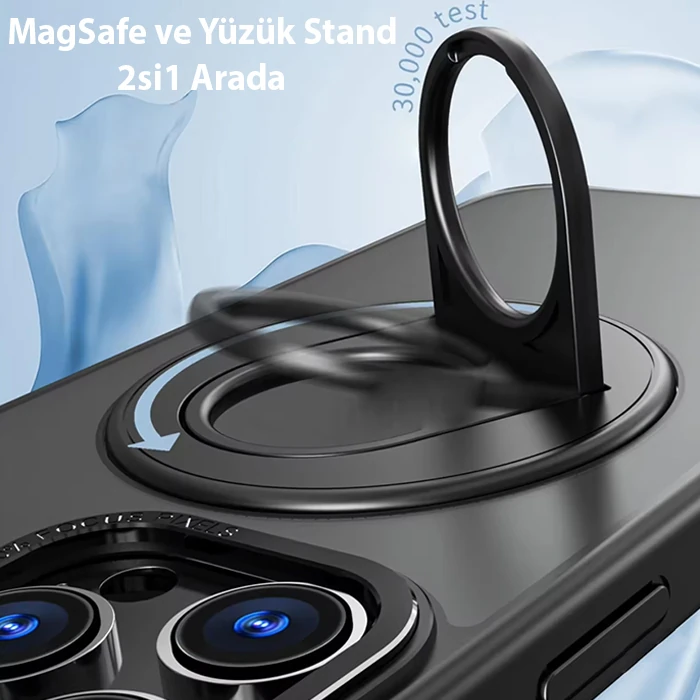 Ally iPhone 15 Pro İçin Magsafe Uyumlu Yüzük Standlı Manyetik Silikon Kılıf - Siyah