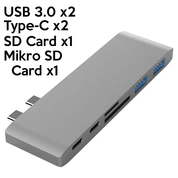 Ally 6 İn1 Usb-C Hub Daul USB 3.0 Type-C Şarj Kart Reader Çoğaltıcı Hub - Gri