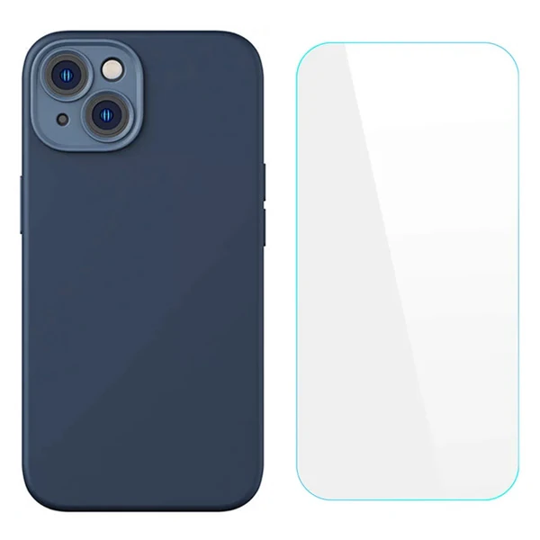 Baseus Liquid Silica Gel iPhone 14 6.1 Silikon Kılıf + Tempered Ekran Koruyucu Set - Mavi