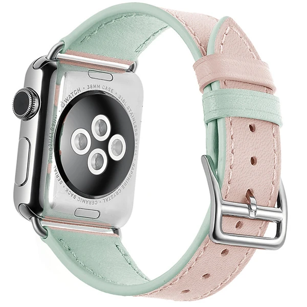 Ally Apple Watch Ultra 49mm 7-8 45mm 6-5-4 44mm Hakiki Deri Kayış Kordon 3-2-1 42mm - Üstü Pembe &amp; Altı Yeşil