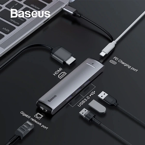 Baseus Usb Type C 6in1 Hdmı 3x USB 3.0 RJ45 Çoğaltıcı Adaptör - Gri