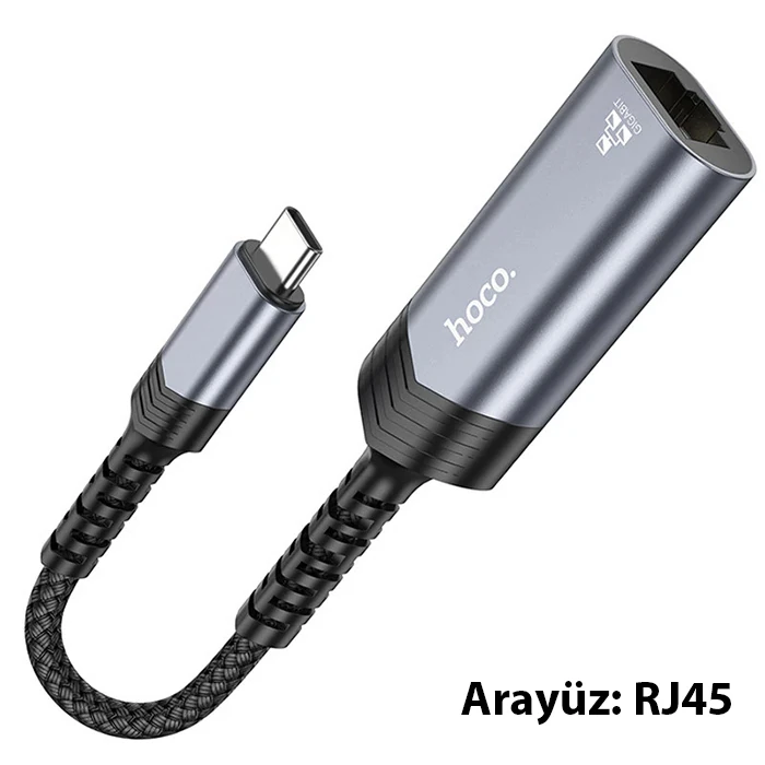 Hoco UA26 Type-c OTG RJ45 İnternet Adaptörü Dönüştürücü 1000 Mbps - Gri