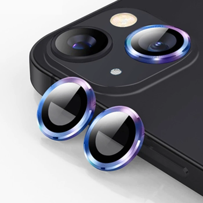 Ally iPhone 14-14 Plus 3D Metal Çerçeveli Kamera Lens Koruyucu - Açık Mavi