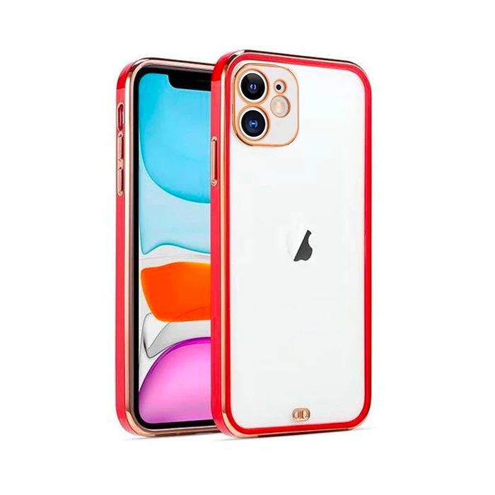 iPhone 11 6.1inç Gold Çerçeve Kamera Korumalı Silikon Bumper Kılıf - Pembe