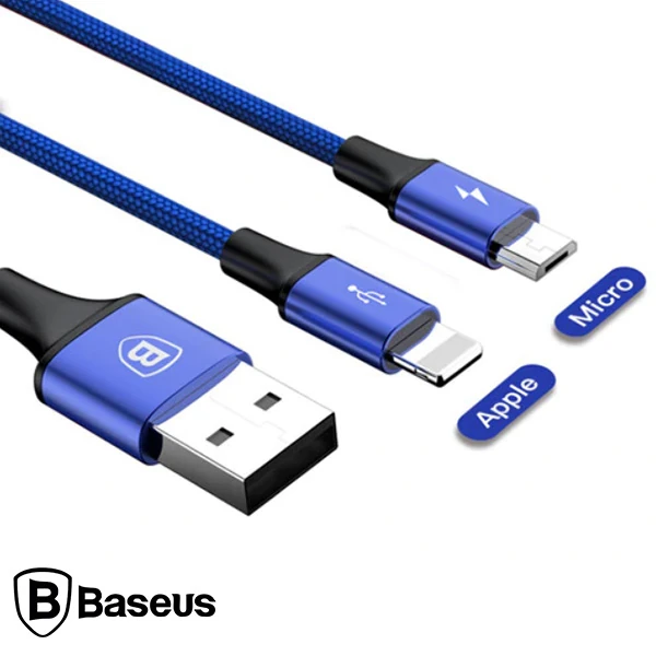 Baseus Rapid Series 2in1 İphone+ Micro Usb 3.0A Usb Kablo Şarj 120cm - Mavi