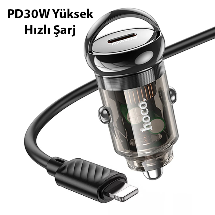 Hoco Z53 Sight Single PD30W Type-C Girişli Araç Çakmaklık Hızlı Şarj Aleti + Type-C to iPhone Lightn - Siyah