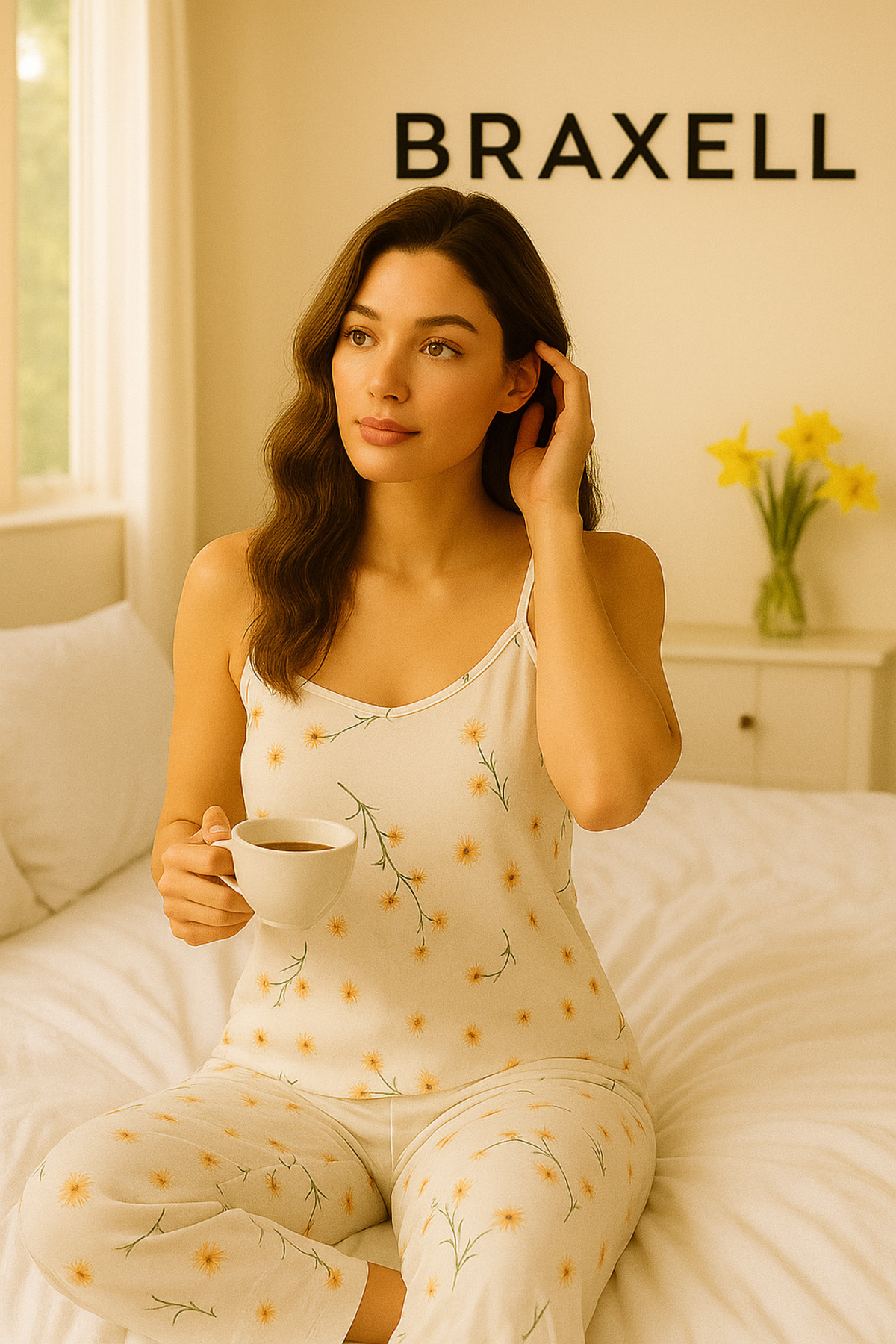Kadın Beyaz İp Askılı Çiçek Desenli Pijama Takımı - S