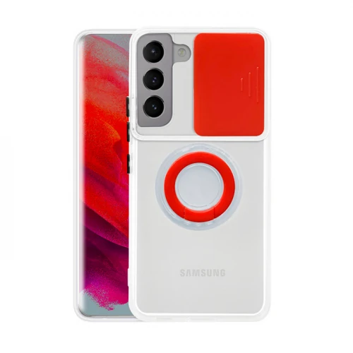 SM Galaxy S21 - S30 Kılıf Sürgülü Kamera Lens Korumalı Yüzük Standlı Silikon Kılıf - Kırmızı